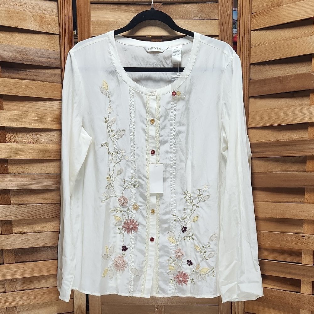 Orvis White Floral Embroidered Blouse Cotton Silk Women M Beading Button Shirt